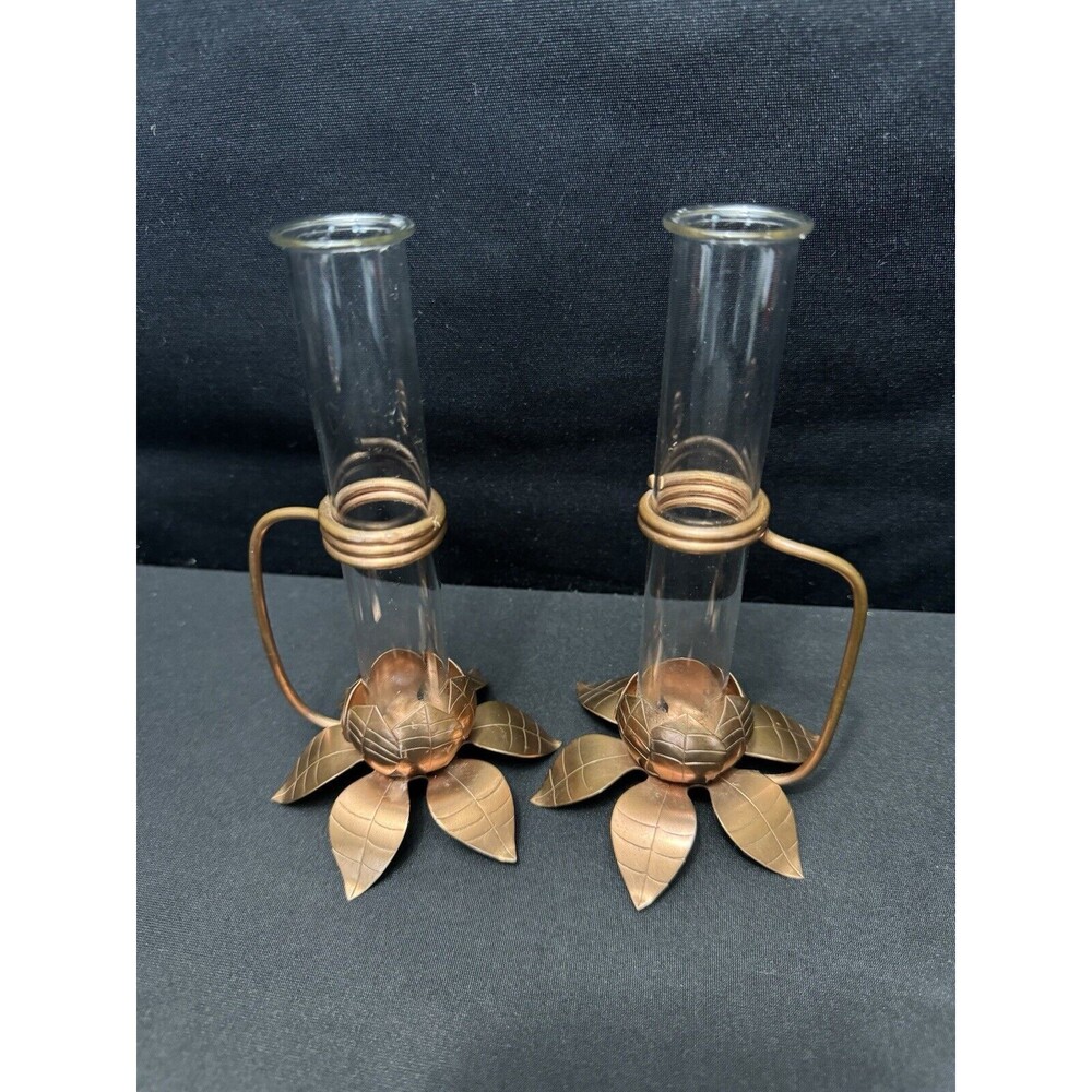 2 Vintage 1950s SCHAEFER'S Copper Bud Vase w/ Lotus Flower Base 3 1/2 x 6 1/2"